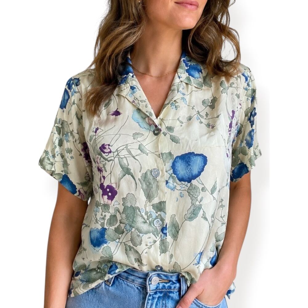Vintage 90s Silk Floral Button Up Blouse Purple Green Small Romantic Botanical